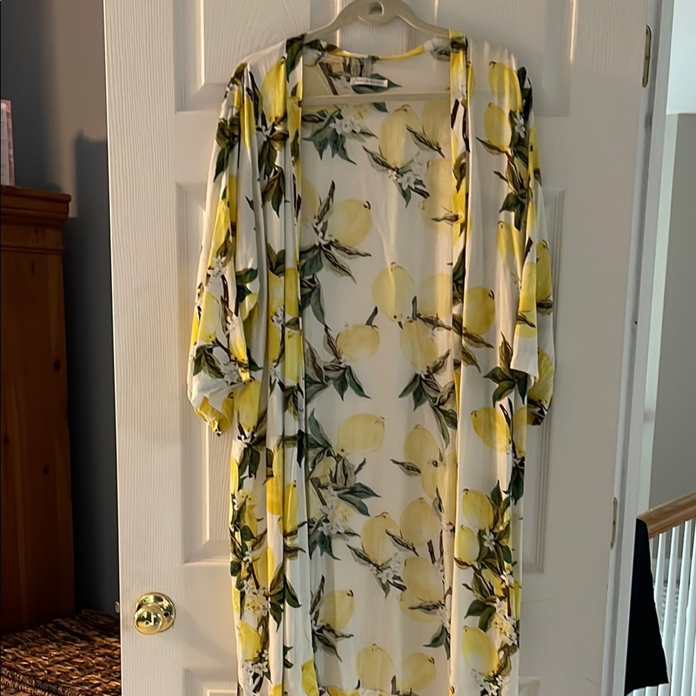 Lemon Patterned Yellow and White Women's Long Cardigan